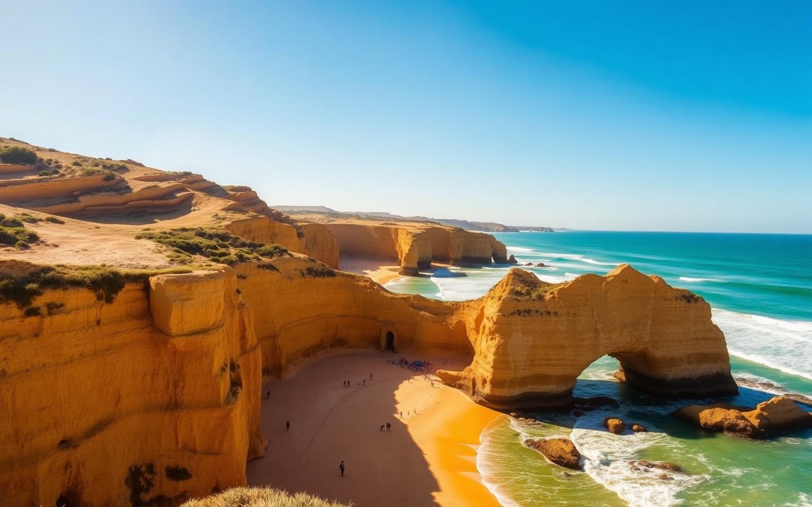Goudkleurige kliffen en turquoise water bij Praia da Marinha, Algarve — kustlandschap Zuid-Portugal