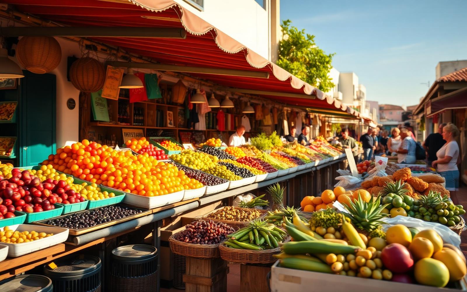 Lokale Portugese markt in de Algarve met verse groenten, fruit en olijven onder ochtendzon