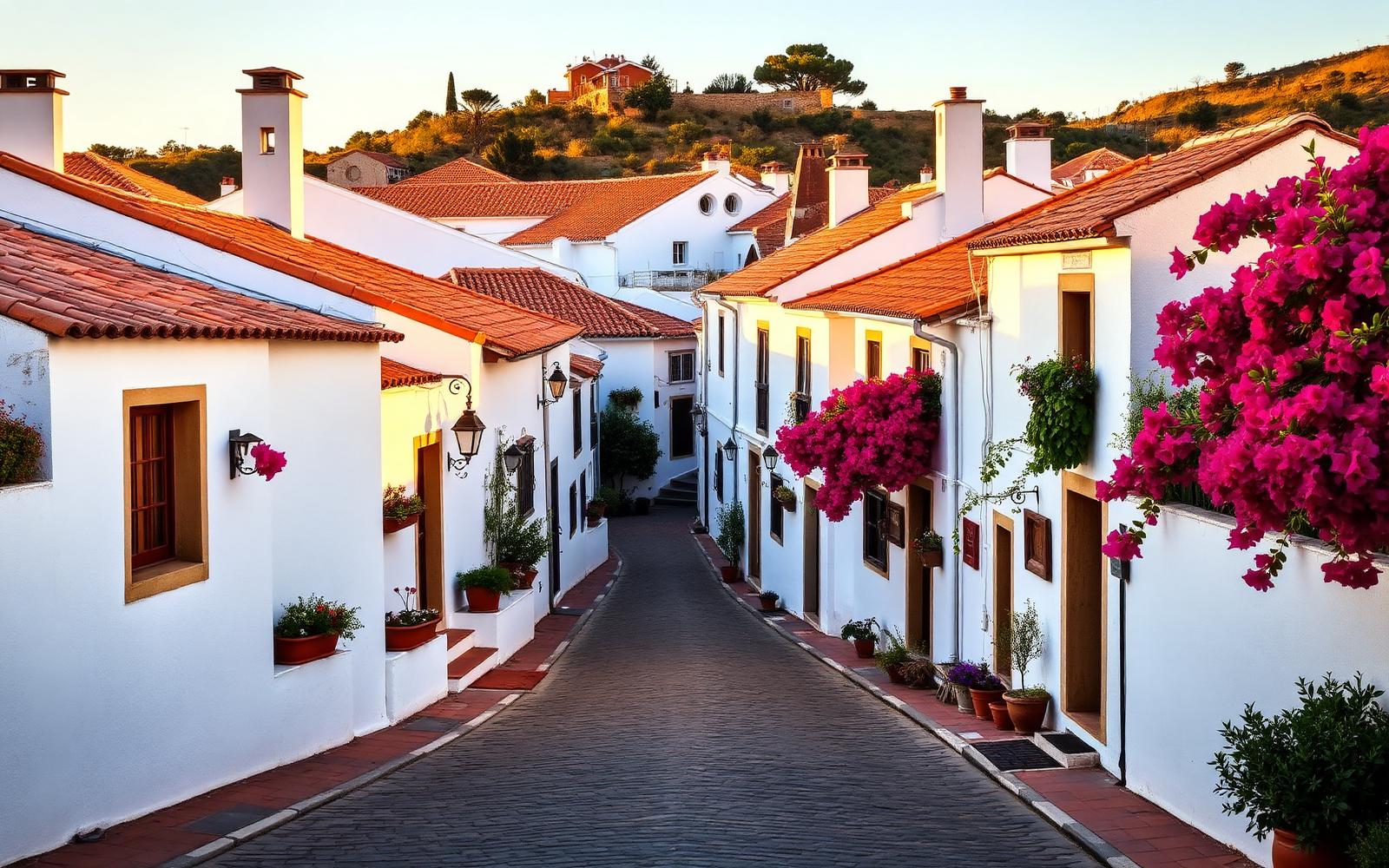 Witgekalkt Algarve-dorp met terracotta daken, kasseistraten en bougainvilleabloemen tijdens gouden uur